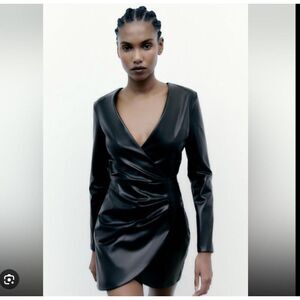 EUC ZARA Faux Leahther Ruched Draped Dress Size Small